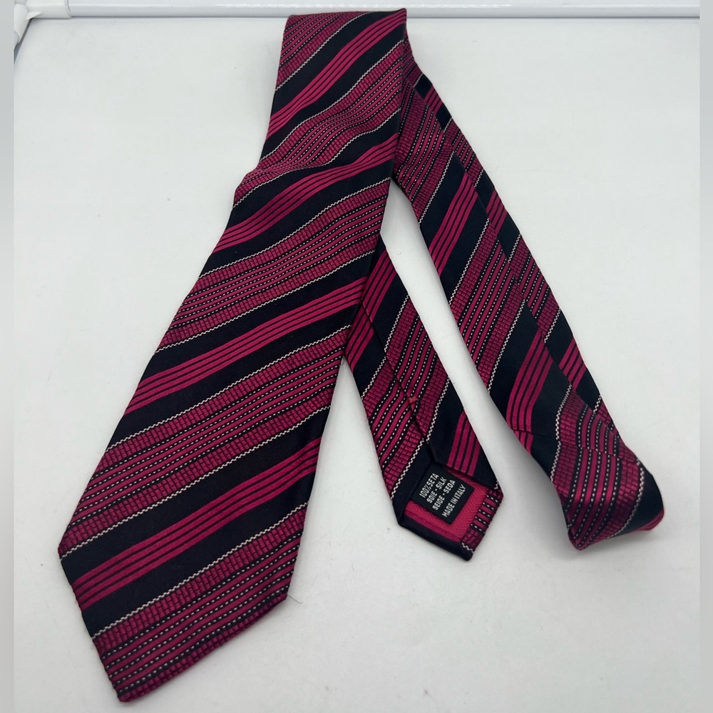 ESCADA Vintage Made in Italy Red Black Striped Silk Tie